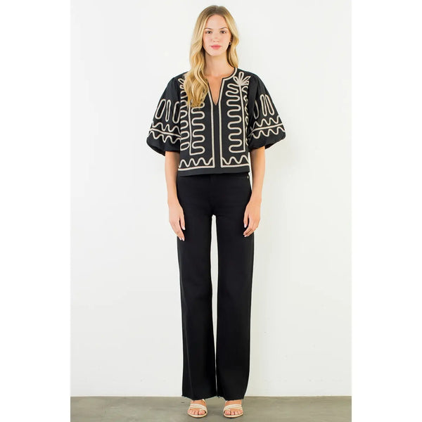 Black Puff Sleeve Embroidery Top