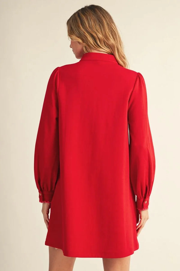 Red Long Sleeves Lovely Solid Dress w Edge Accent