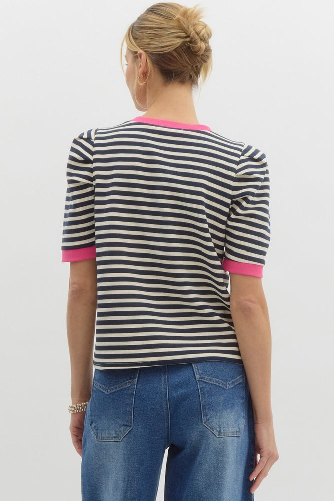 Navy Striped Top w/ Hot Pink Trim