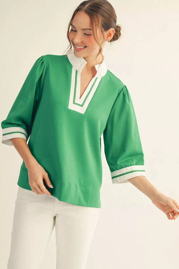 Kelly Green 3/4 Sleeves Top w Color Contrast Accent