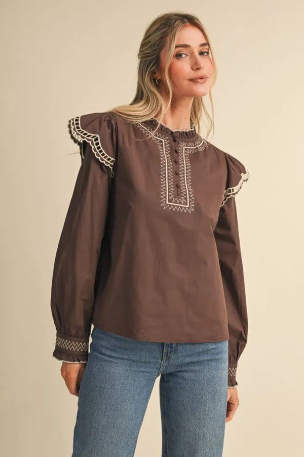 Cocoa Brown Embroidered Long Sleeve Top w Ruffle Mock Neckline