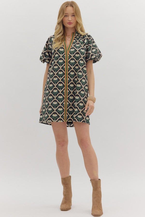 Botanical Print Short Puff Sleeve Mini Dress