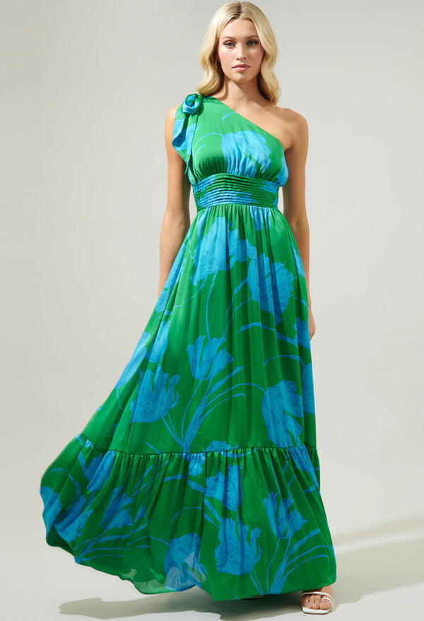 Seamoss Blue Floral Bayou One Shoulder Maxi Dress
