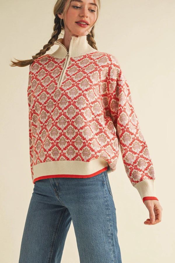 Floral Mock Neck Half Zip Pullover: Cream Orange