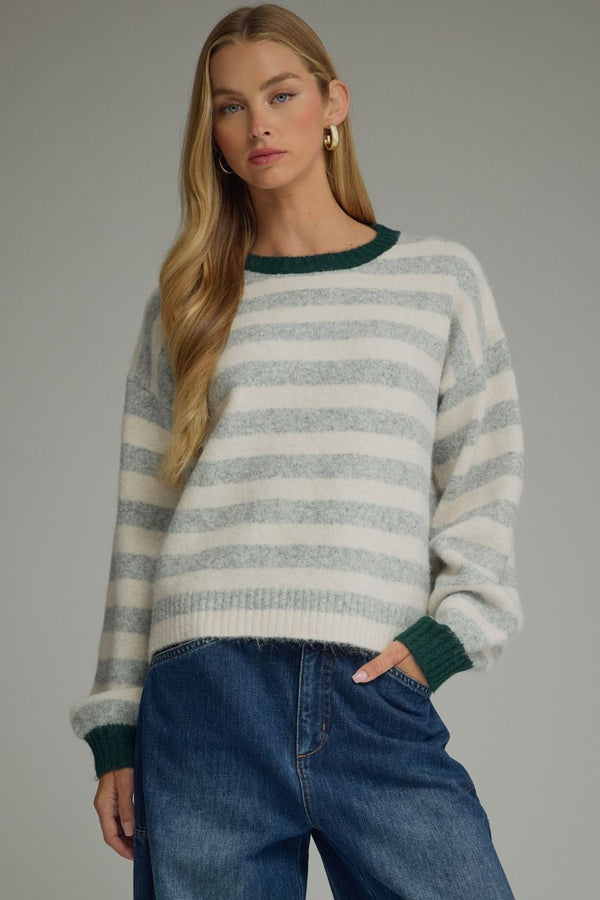 Grey Stripe Long Sleeve Sweater w Contrast Ribbed Trim Neck