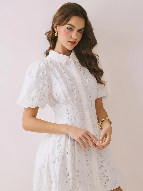 Eyelet Collared Neck Hidden Front Button Dress