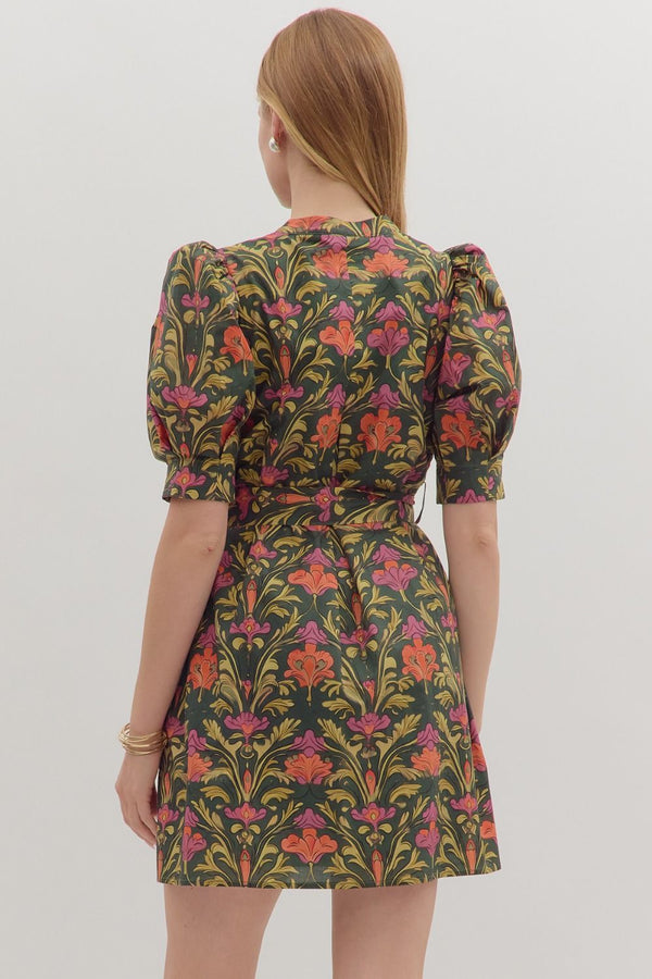 Olive Botanical Print Puff Sleeve Mini Dress w Buckle Belt