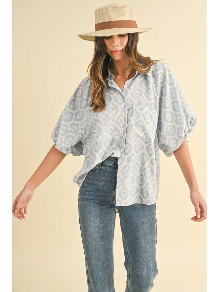 Geometric Printed Bubble Sleeve Button Down