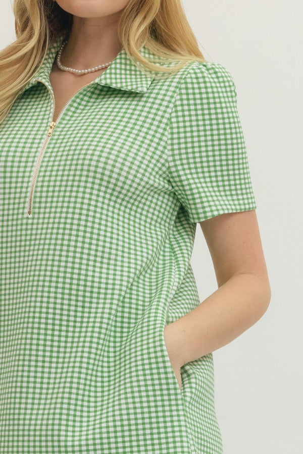 Green Gingham Print Mini Dress w Half Zip Detail