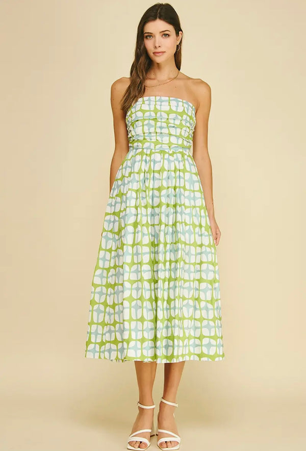Geometric Print MIDI Dress | Aqua Green