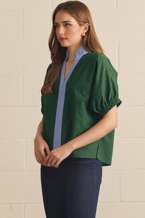 Green Puff Sleeve Top w Contrast Collar and Front Trim