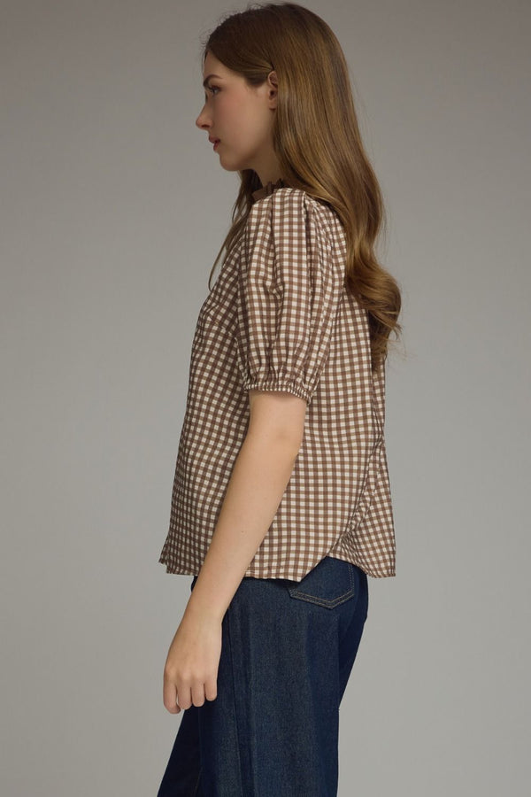 Brown Gingham Short Puff Sleeve Top w Contrast Inset Detail