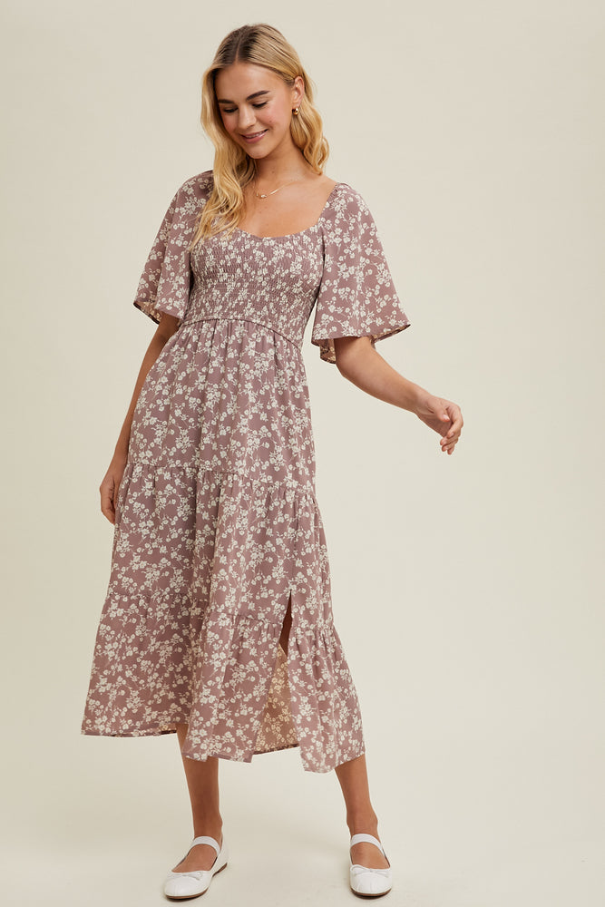 Red Bean Floral Tiered Midi Dress