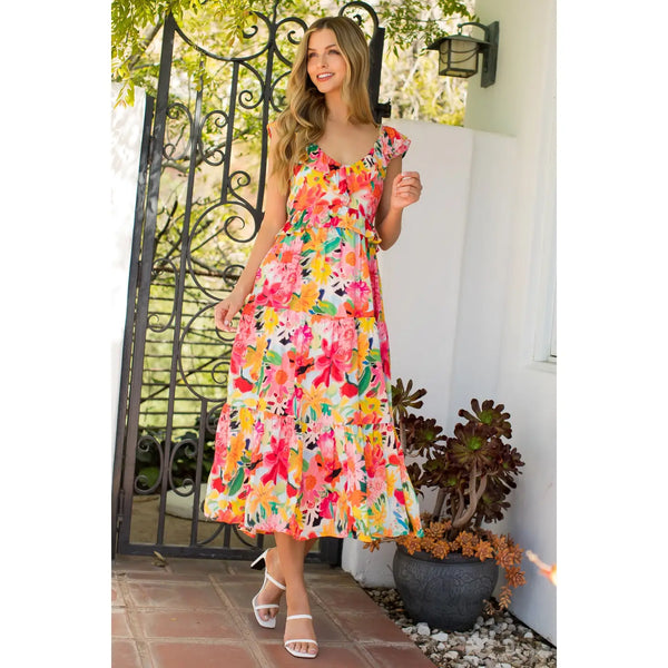 Pink Floral Ruffle Tiered Maxi Dress