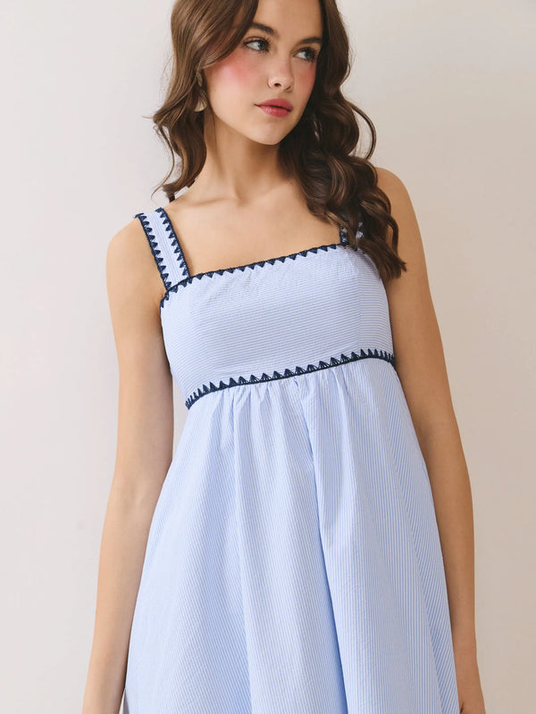 Contrast Trim Detail Empire Waist Blue Midi Dress