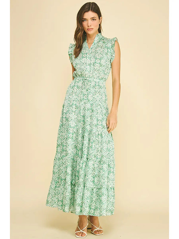 Mint Floral Print Tiered Maxi Dress