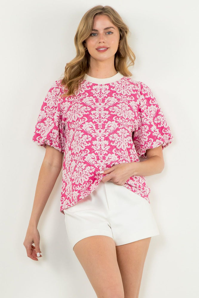 Puff Sleeve Textured Top - Pink