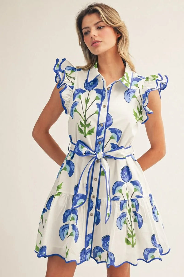 Layered Sleeves Button Down Floral Dress w Contrast Scallop Hem