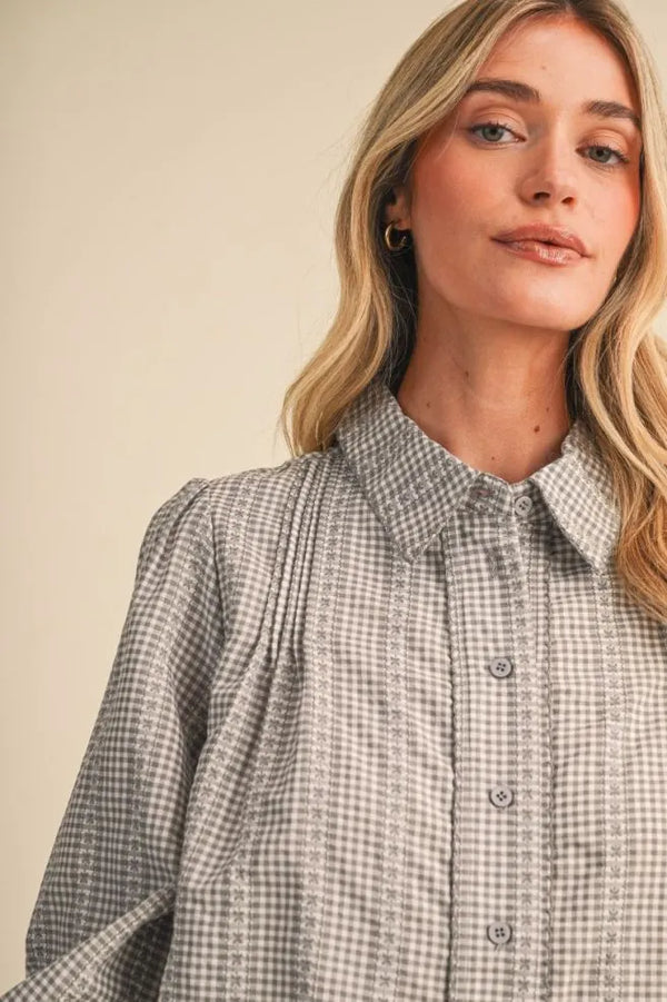 Grey Gingham Embroidered Trim Button Up Top