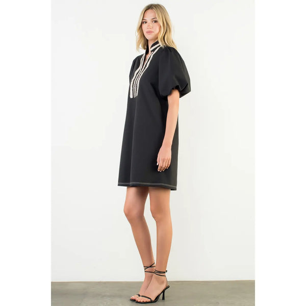 Puff Sleeve Embroidered Textured Dress in Black