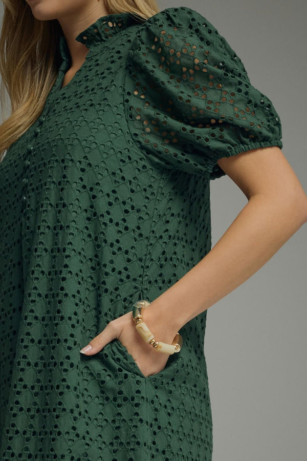 Green Eyelet Puff Sleeve Midi Dress w Ruffled Mock Neck