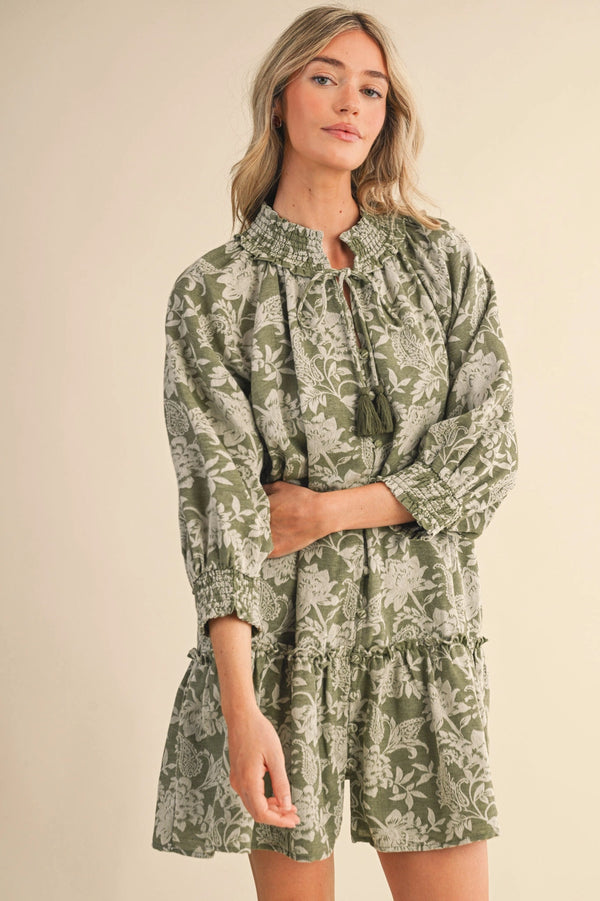 Olive Floral Jacquard Smocked Mini Dress