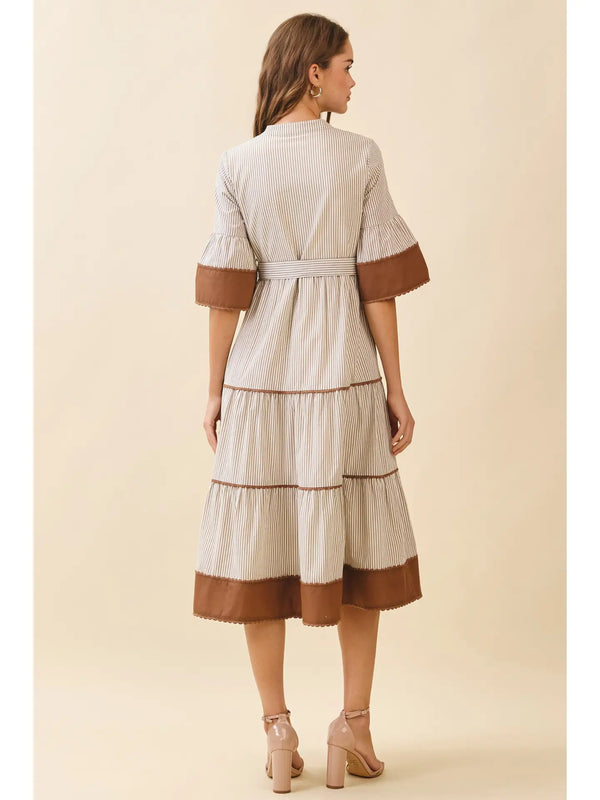 Striped Split Neck Contrast Trim Detail Midi Dress