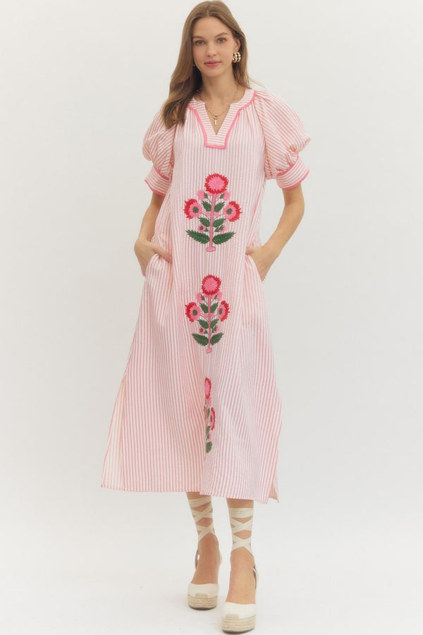 Pink Stripe Midi Dress w Floral Embroidery