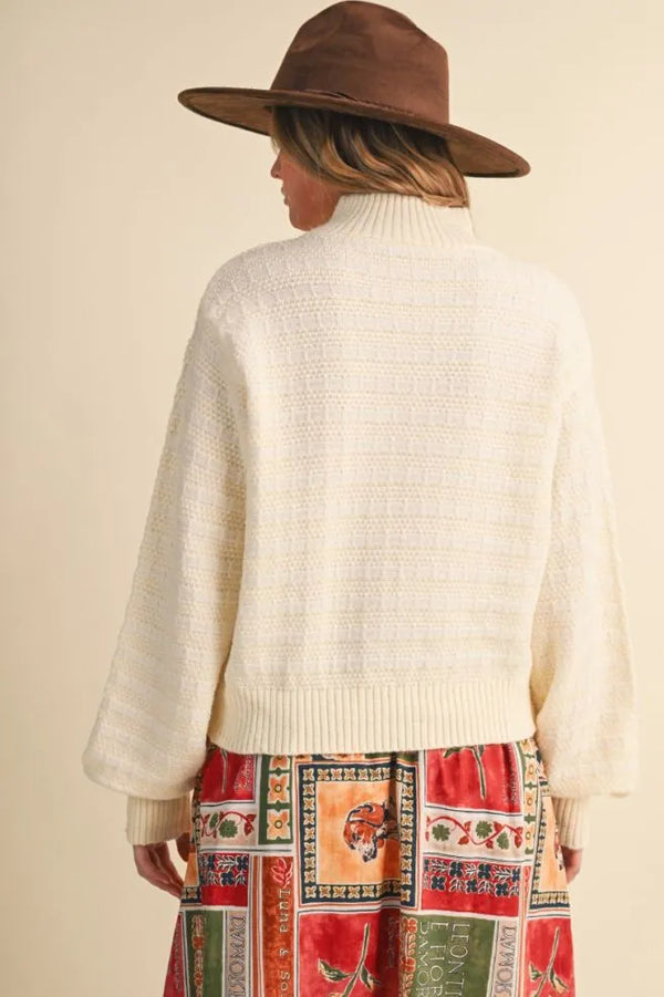 Quilted Ivory Cream Knit Mock Neck Sweater