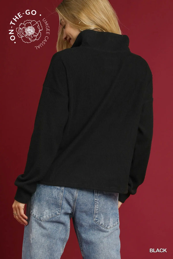 Black Ribbed Half-Zip Pullover