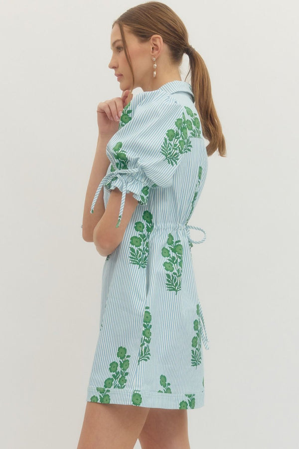 Striped Blue & Green Floral Print Puff Sleeve Mini Dress