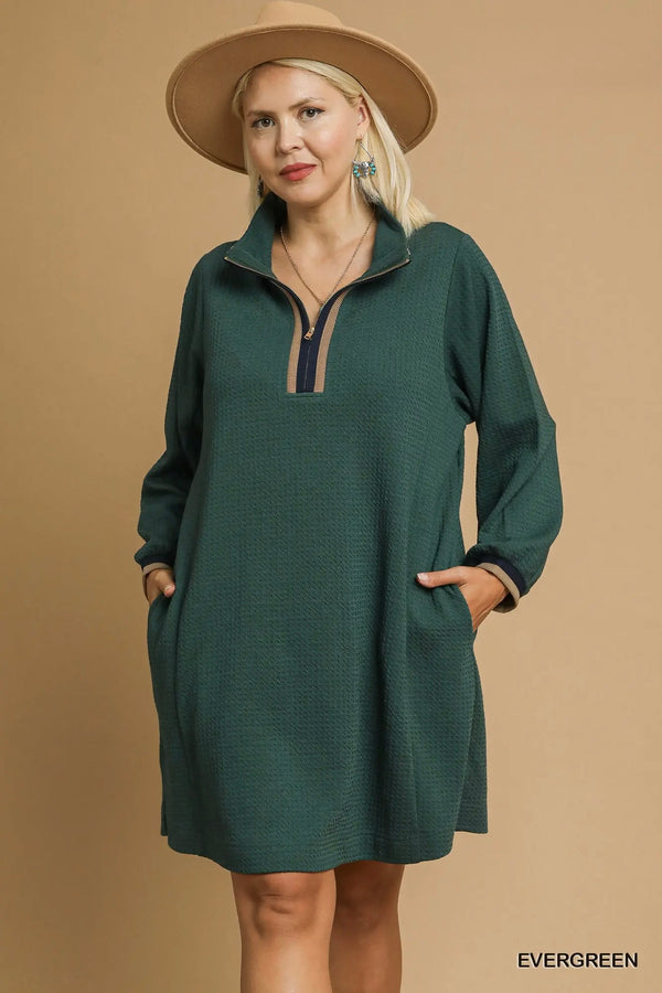 Evergreen Waffle Knit Quarter Zip Dress