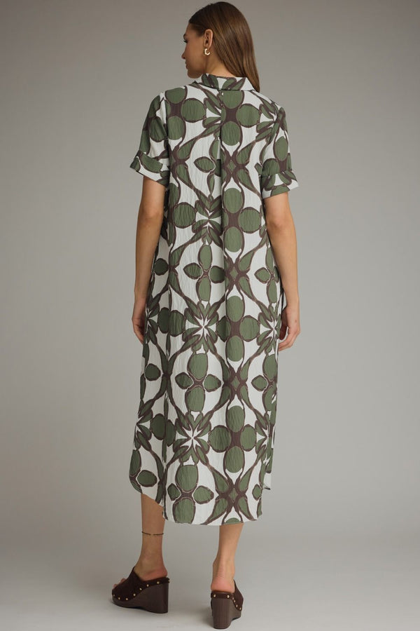 Olive Printed Shirt Dress featuring Gold Button Detail