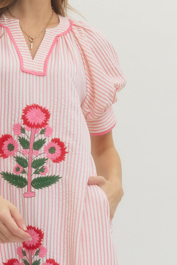 Pink Stripe Midi Dress w Floral Embroidery