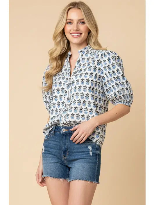 Blue Floral Puff Sleeve Collared Blouse