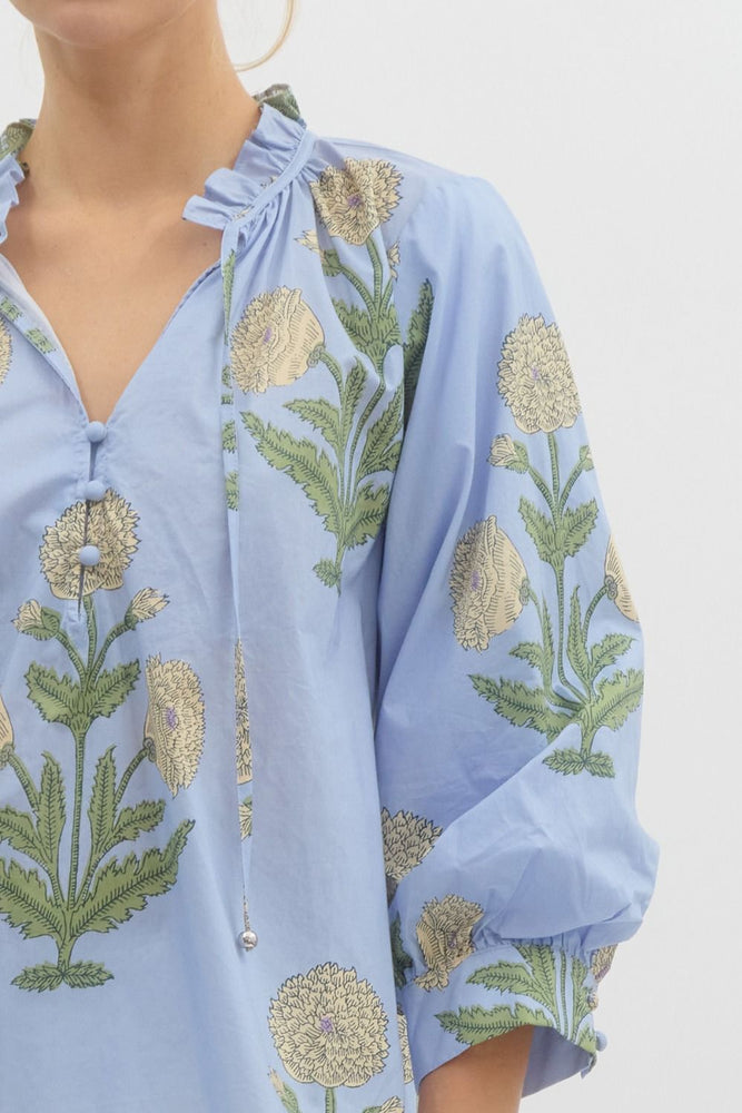 Chambray Floral Print Blouse