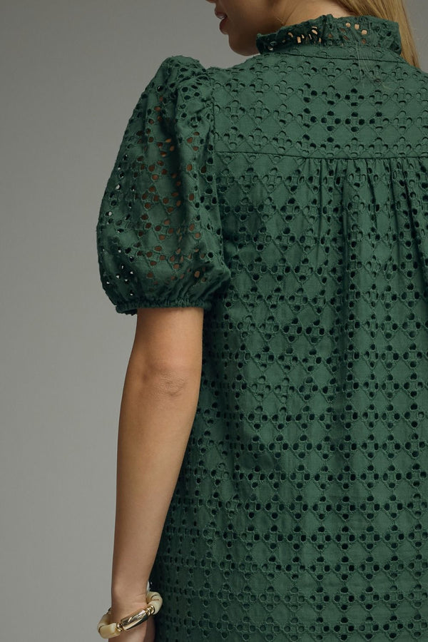 Green Eyelet Puff Sleeve Midi Dress w Ruffled Mock Neck