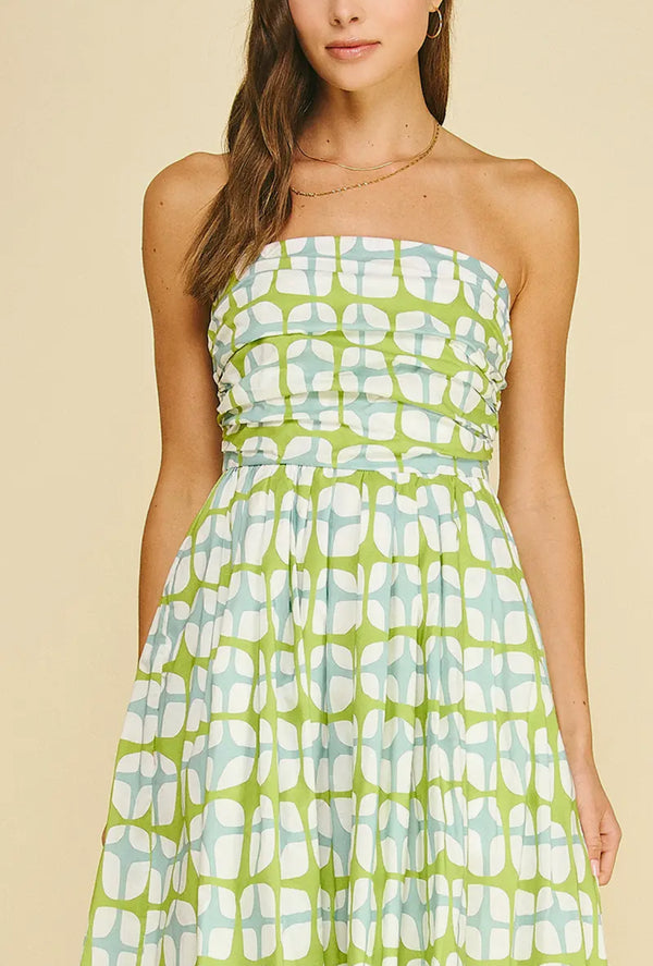 Geometric Print MIDI Dress | Aqua Green
