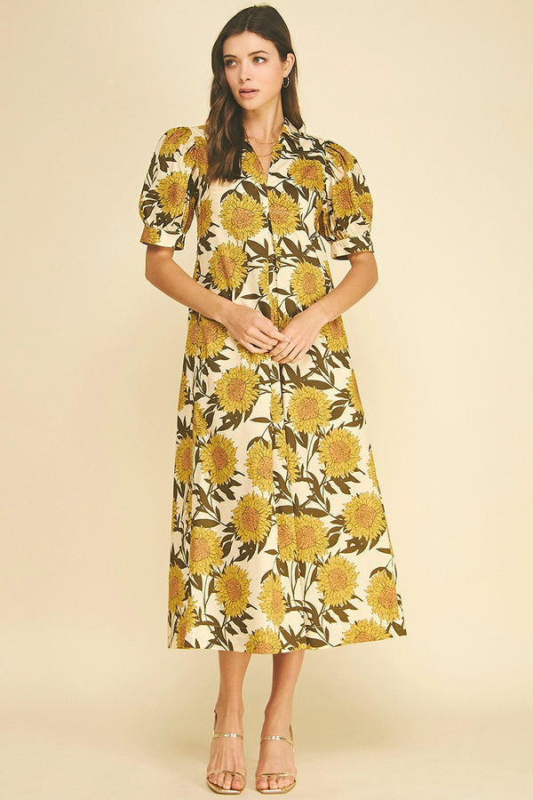 Golden Sunflower Puff Sleeve Midi Dress