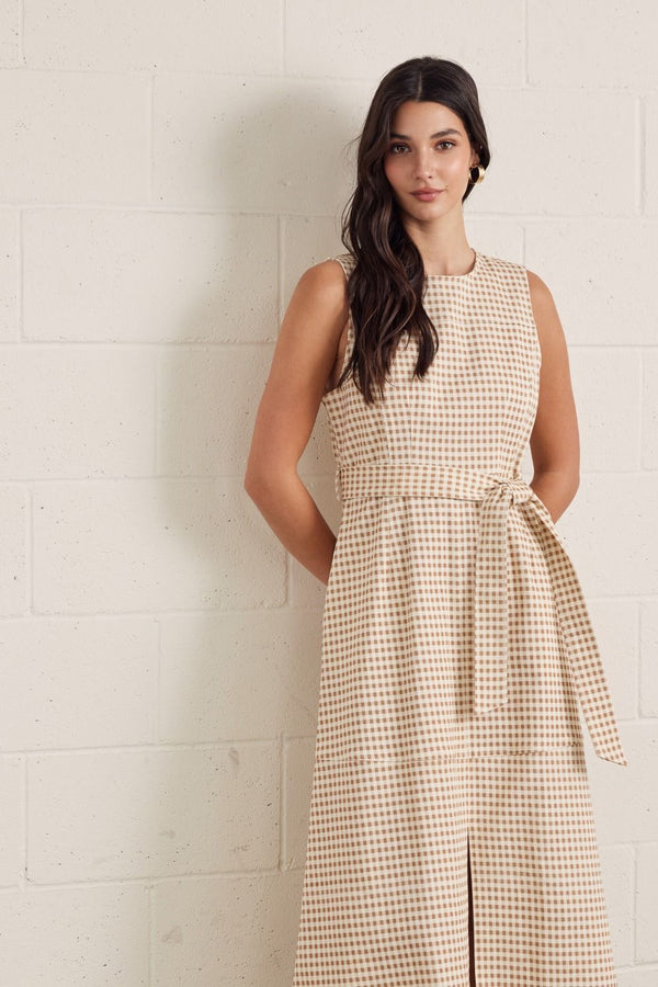 Tan Gingham Midi Dress w Self-Tie Waist Detail