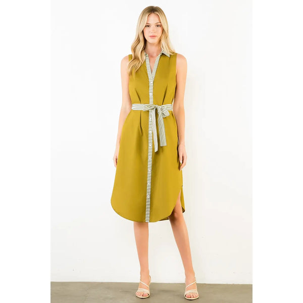 Olive Sleeveless Button Down Dress