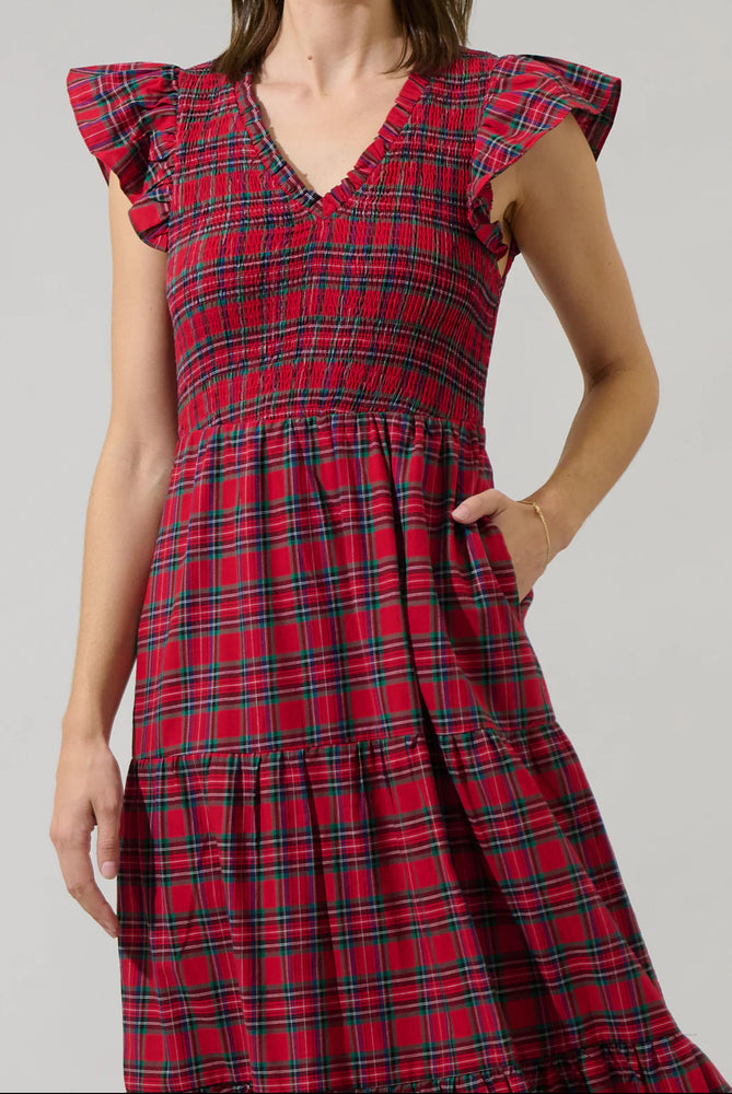 Arvada Plaid Sunfire Smocked Bodice Tiered Midi Dress