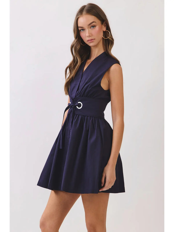 Navy Sleeveless Fit & Flare Waist Belt Mini Dress