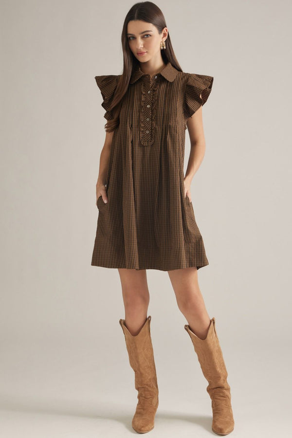 Black & Tan Gingham Ruffle Sleeve Mini Dress w Shirt-Style Neckline