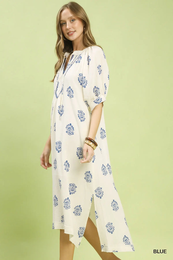 Blue Printed Cotton Gauze Midi Dress