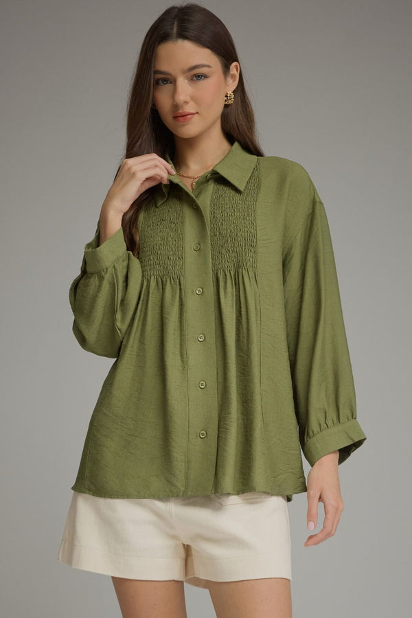 Solid Olive Long Sleeve Top featuring Smocked Detailing