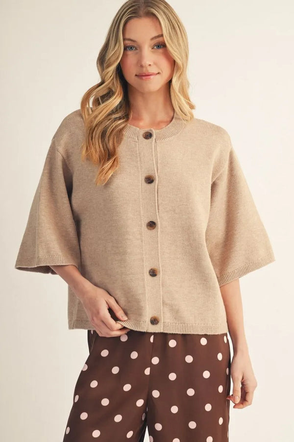 Oatmeal Drop Shoulder 3/4 Sleeves Button Down Cardigan