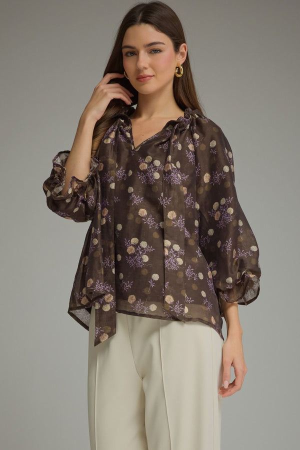 Brown Floral Print Poncho Sleeve Top w Self-Tie Front Detail