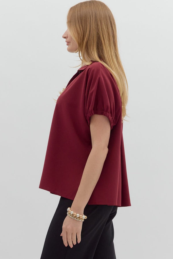 Solid Burgundy Short Sleeve Split Collar