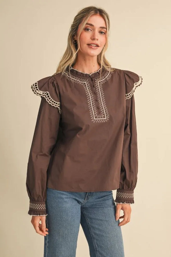 Cocoa Brown Embroidered Long Sleeve Top w Ruffle Mock Neckline